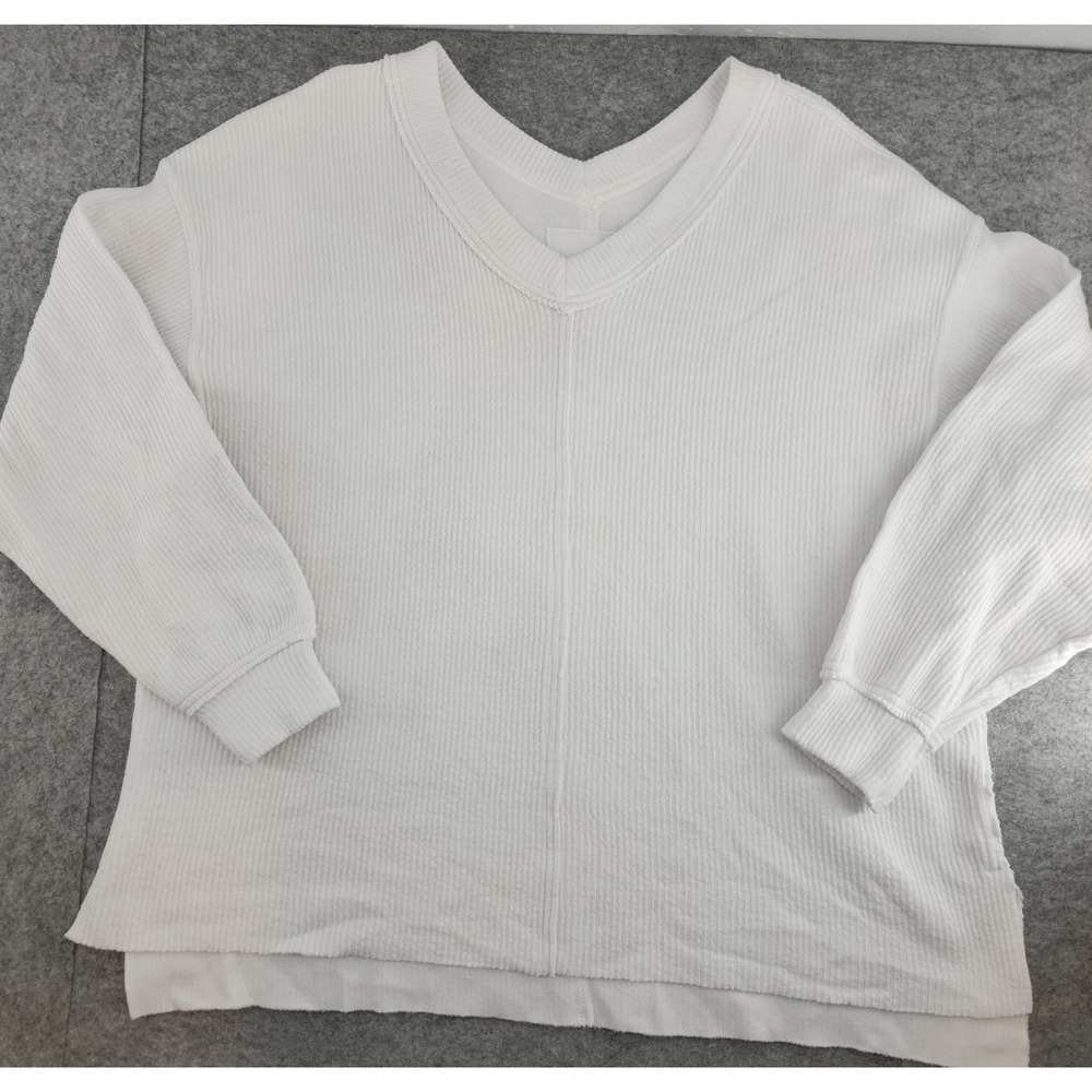 Aerie M | White Ribbed V-Neck Long Sleeve Pullover Sweatshirt Womens Oversized